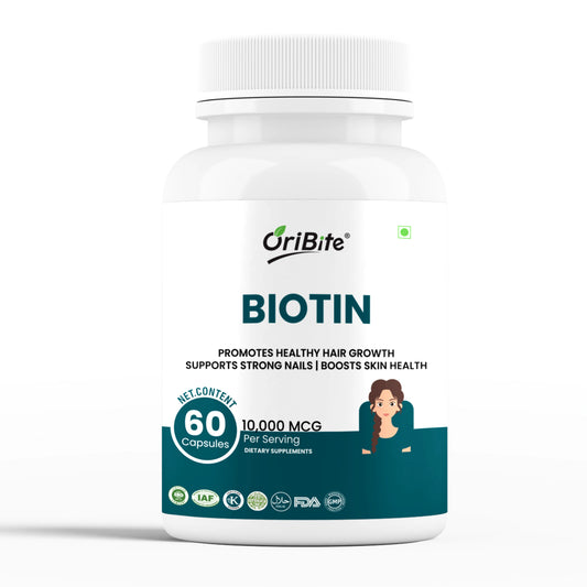 Oribite Biotin 10,000 mcg (Vitamin B7) with Zinc & Vitamin C – Supports Healthy Hair Growth, Strong Nails & Glowing Skin – Vegetarian, Gluten Free, Non-GMO, 60 Veg Capsules.