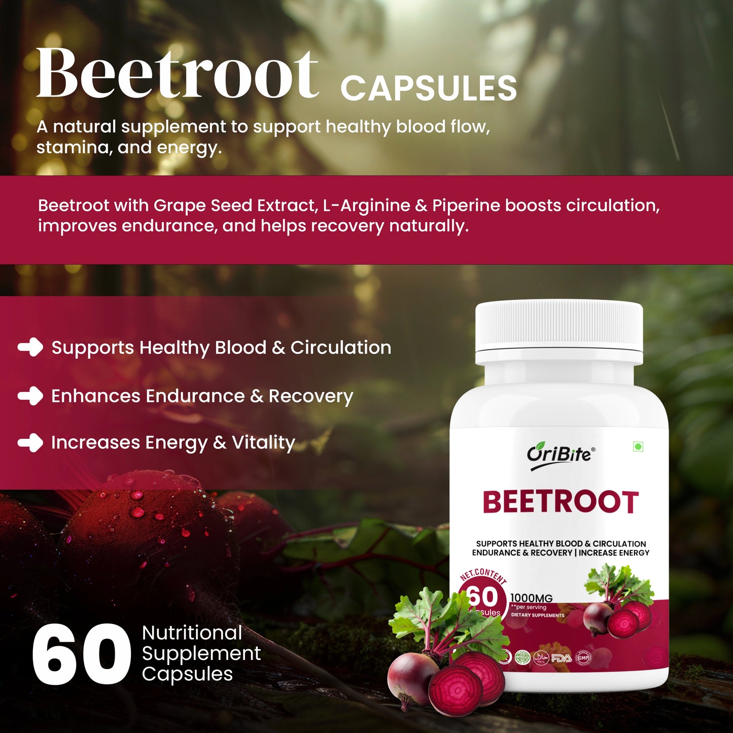 Oribite Beetroot Capsules 1000mg | 60 Veg Capsules | Extract with Grape Seed, L-Arginine & Black Pepper | Supports Blood Pressure, Heart Health, Circulation, Energy & Endurance | Non-GMO Supplement
