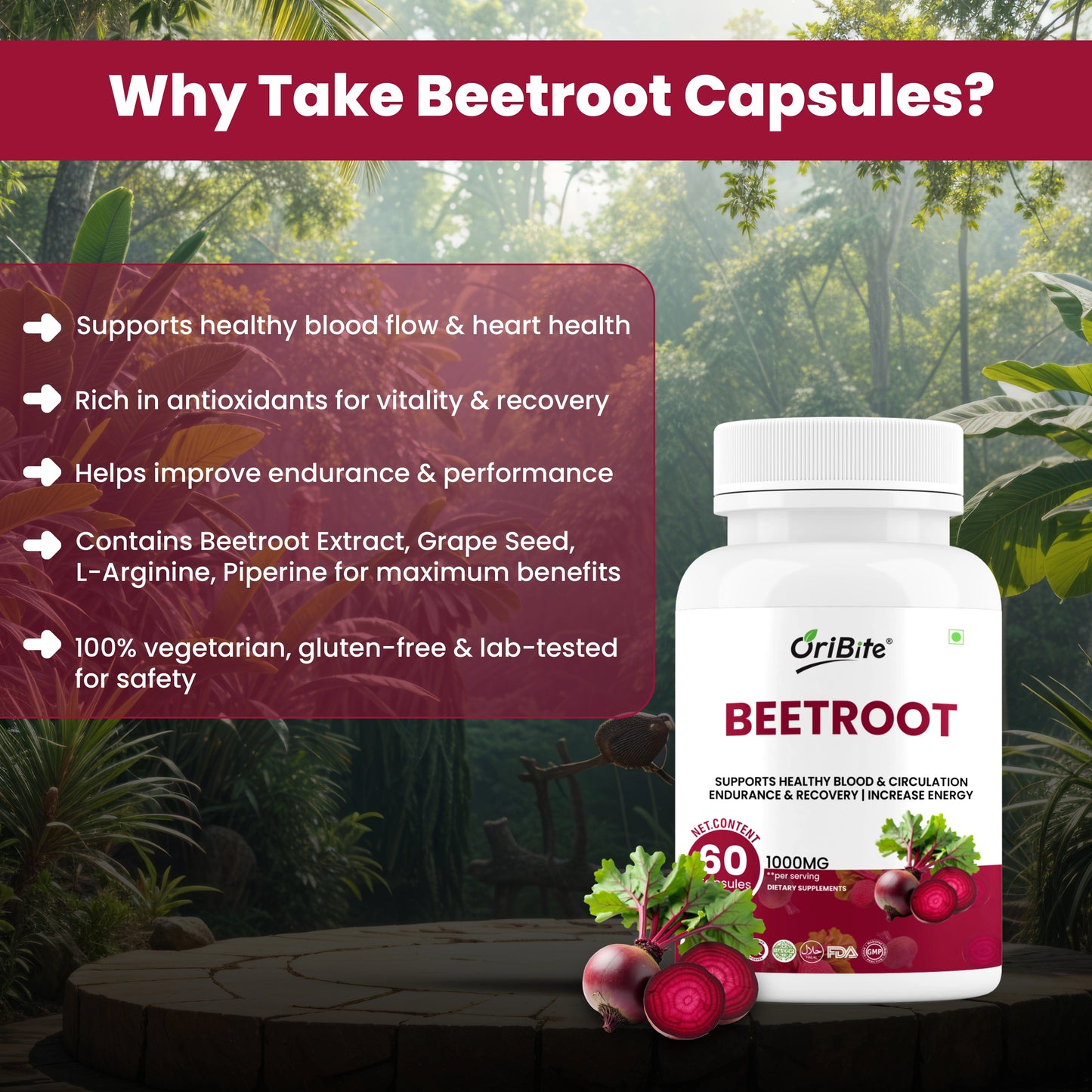 Oribite Beetroot Capsules 1000mg | 60 Veg Capsules | Extract with Grape Seed, L-Arginine & Black Pepper | Supports Blood Pressure, Heart Health, Circulation, Energy & Endurance | Non-GMO Supplement