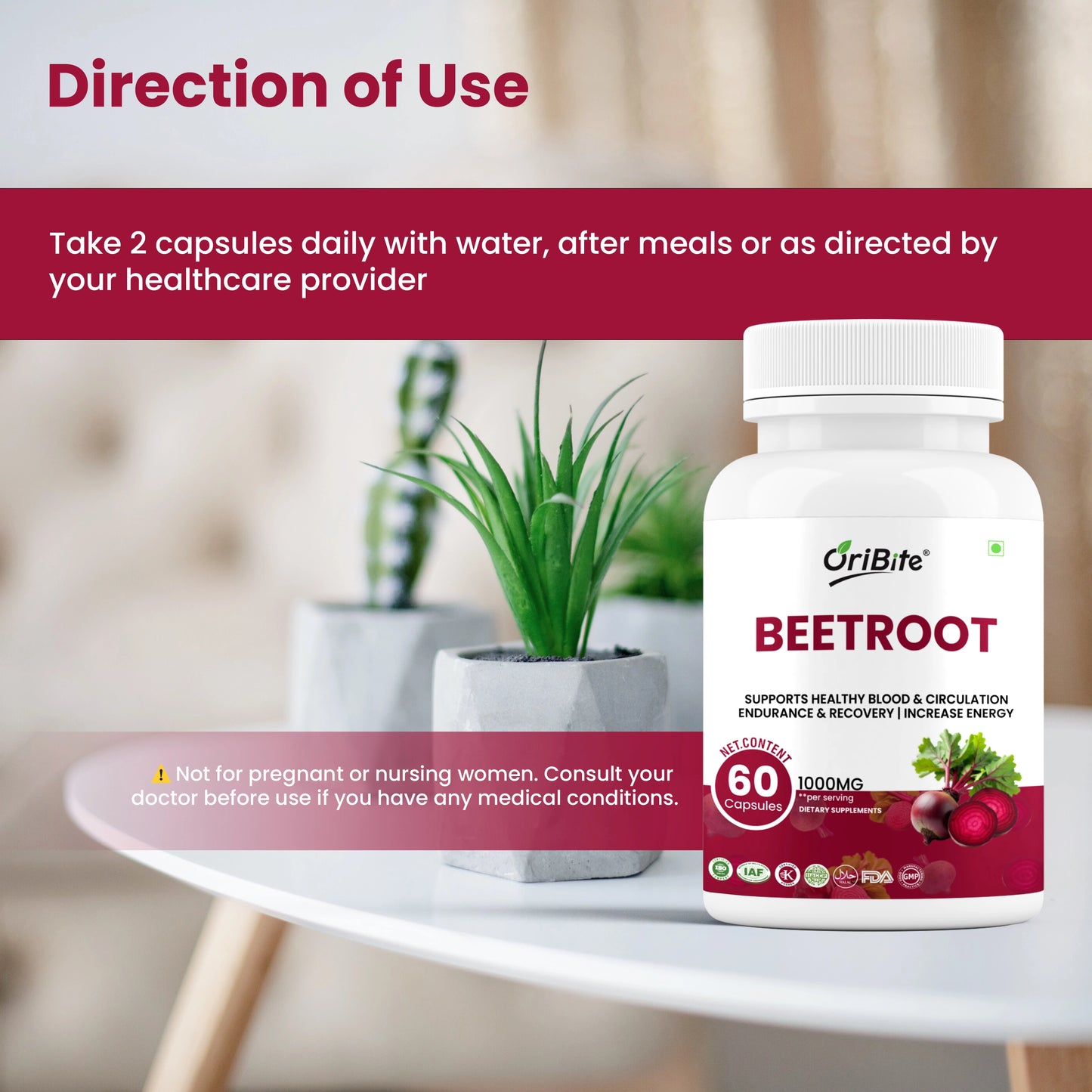 Oribite Beetroot Capsules 1000mg | 60 Veg Capsules | Extract with Grape Seed, L-Arginine & Black Pepper | Supports Blood Pressure, Heart Health, Circulation, Energy & Endurance | Non-GMO Supplement