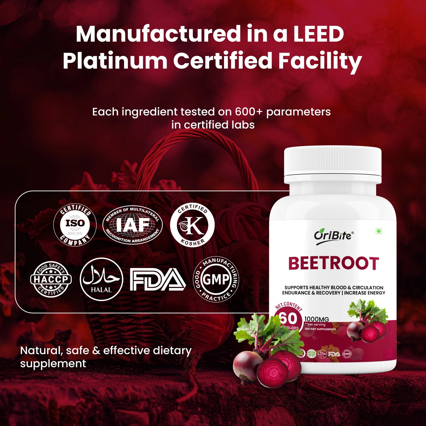 Oribite Beetroot Capsules 1000mg | 60 Veg Capsules | Extract with Grape Seed, L-Arginine & Black Pepper | Supports Blood Pressure, Heart Health, Circulation, Energy & Endurance | Non-GMO Supplement