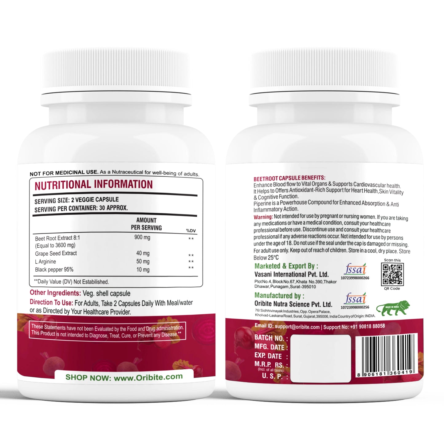 Oribite Beetroot Capsules 1000mg | 60 Veg Capsules | Extract with Grape Seed, L-Arginine & Black Pepper | Supports Blood Pressure, Heart Health, Circulation, Energy & Endurance | Non-GMO Supplement