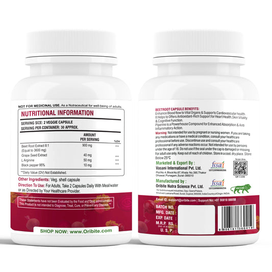 Oribite Beetroot Capsules 1000mg | 60 Veg Capsules | Extract with Grape Seed, L-Arginine & Black Pepper | Supports Blood Pressure, Heart Health, Circulation, Energy & Endurance | Non-GMO Supplement
