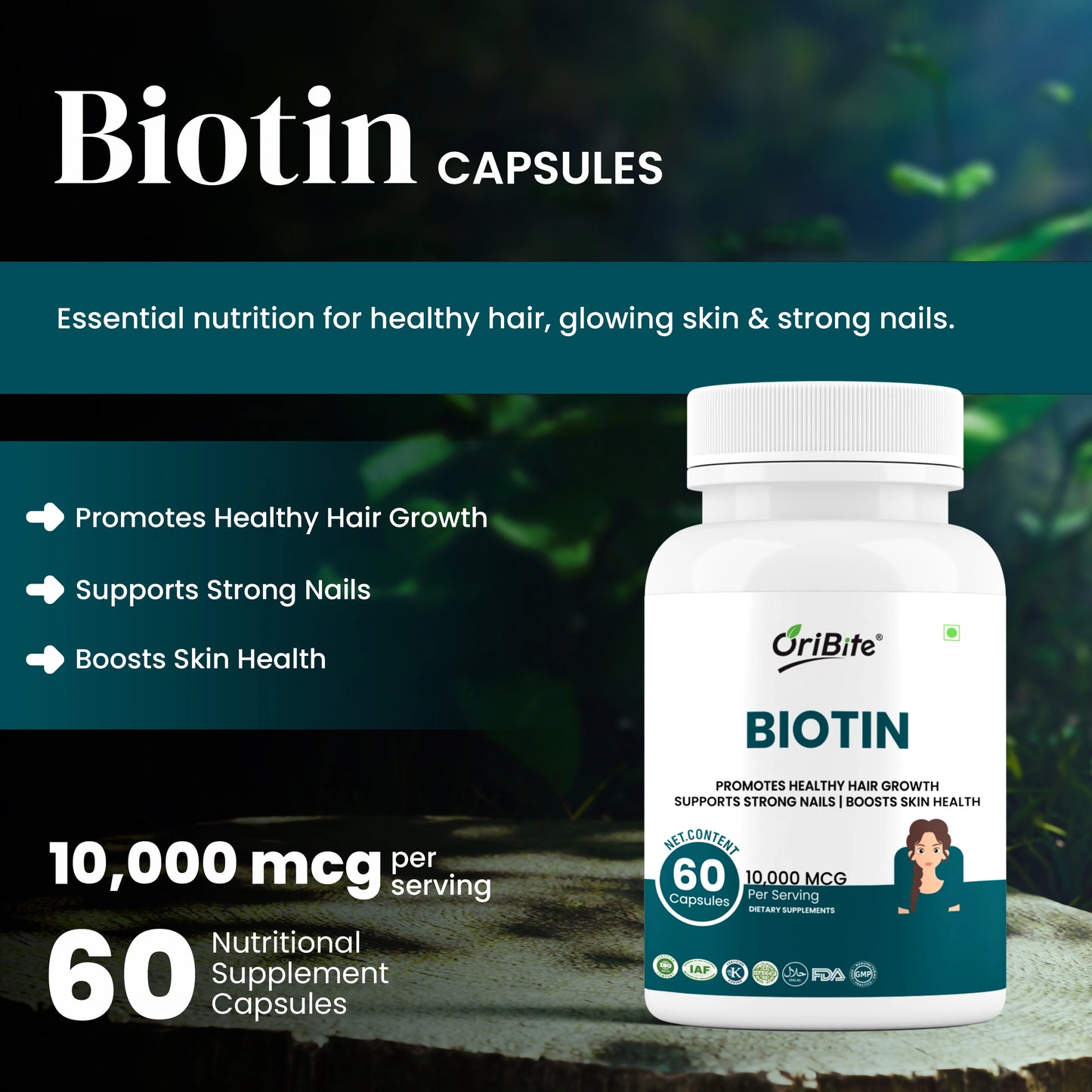 Oribite Biotin 10,000 mcg (Vitamin B7) with Zinc & Vitamin C – Supports Healthy Hair Growth, Strong Nails & Glowing Skin – Vegetarian, Gluten Free, Non-GMO, 60 Veg Capsules.