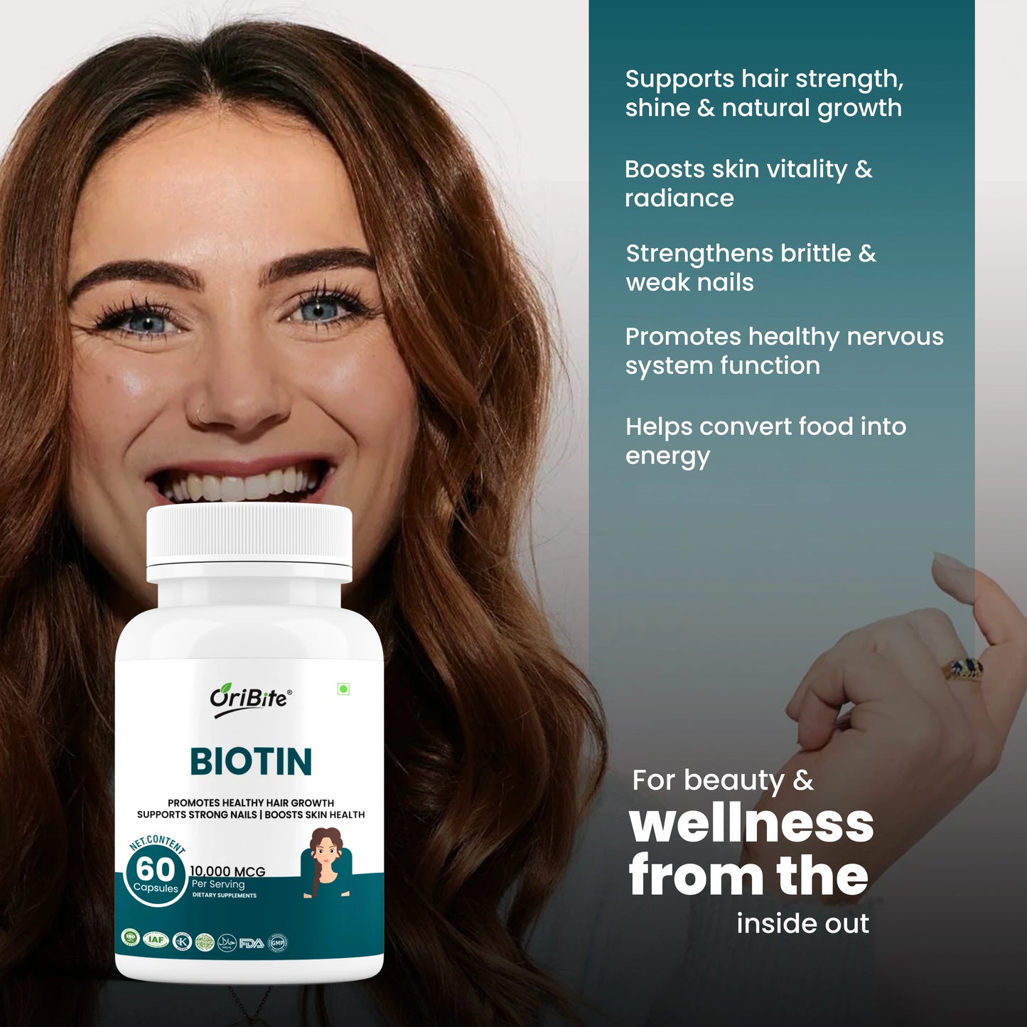 Oribite Biotin 10,000 mcg (Vitamin B7) with Zinc & Vitamin C – Supports Healthy Hair Growth, Strong Nails & Glowing Skin – Vegetarian, Gluten Free, Non-GMO, 60 Veg Capsules.