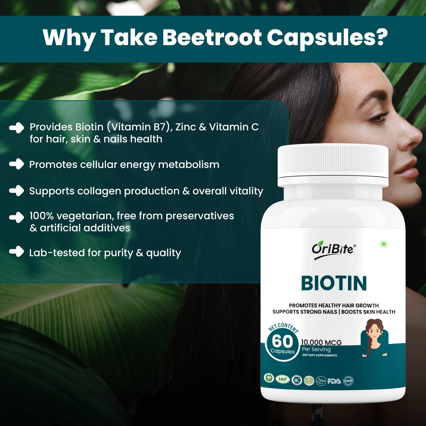 Oribite Biotin 10,000 mcg (Vitamin B7) with Zinc & Vitamin C – Supports Healthy Hair Growth, Strong Nails & Glowing Skin – Vegetarian, Gluten Free, Non-GMO, 60 Veg Capsules.
