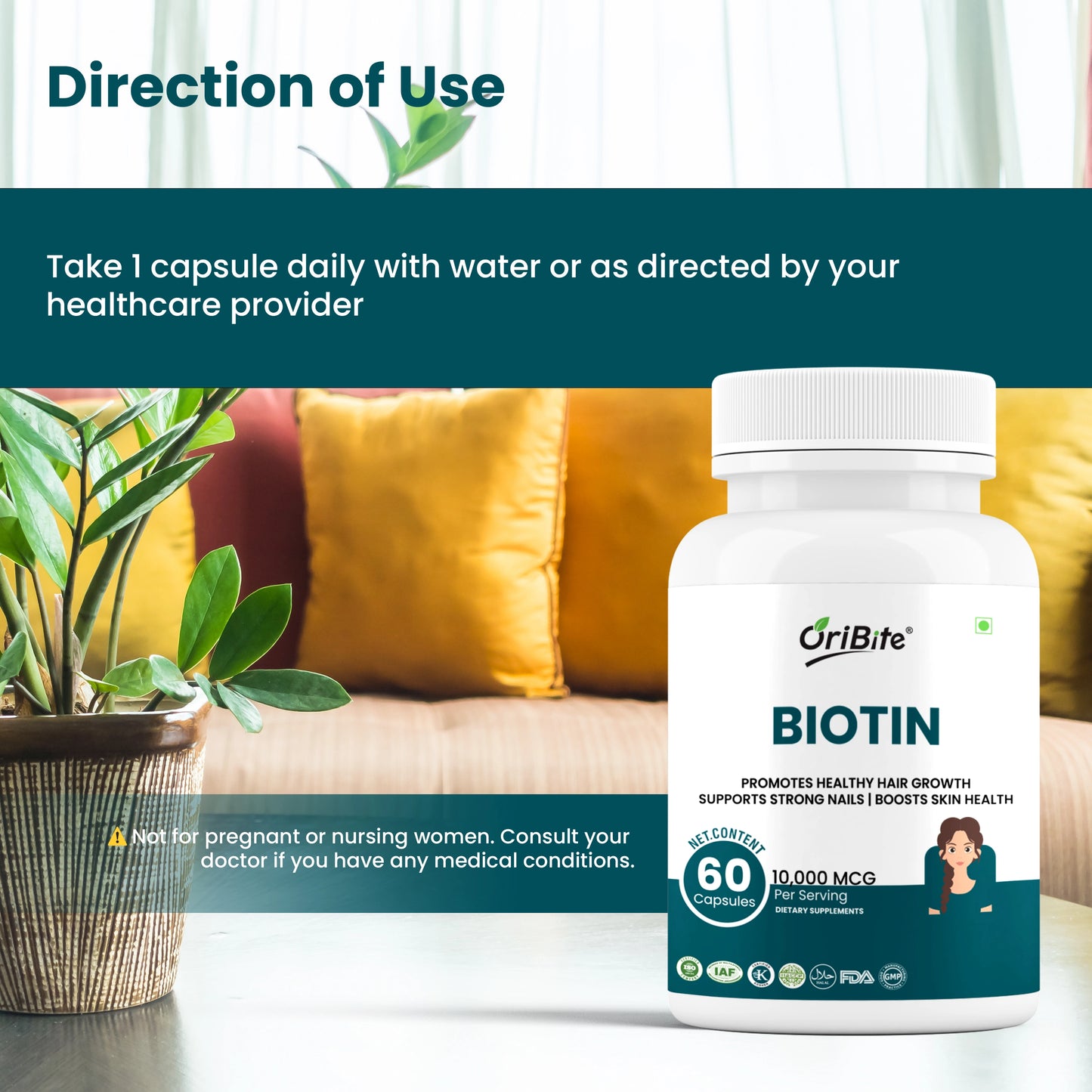 Oribite Biotin 10,000 mcg (Vitamin B7) with Zinc & Vitamin C – Supports Healthy Hair Growth, Strong Nails & Glowing Skin – Vegetarian, Gluten Free, Non-GMO, 60 Veg Capsules.