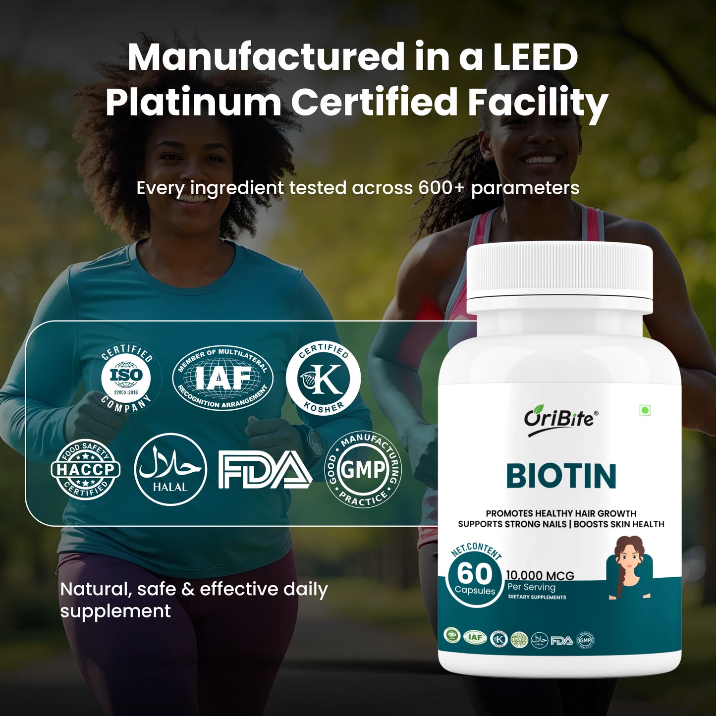 Oribite Biotin 10,000 mcg (Vitamin B7) with Zinc & Vitamin C – Supports Healthy Hair Growth, Strong Nails & Glowing Skin – Vegetarian, Gluten Free, Non-GMO, 60 Veg Capsules.