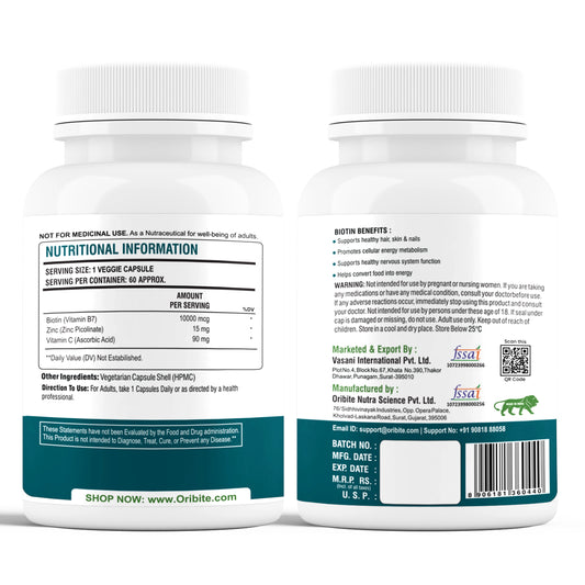 Oribite Biotin 10,000 mcg (Vitamin B7) with Zinc & Vitamin C – Supports Healthy Hair Growth, Strong Nails & Glowing Skin – Vegetarian, Gluten Free, Non-GMO, 60 Veg Capsules.