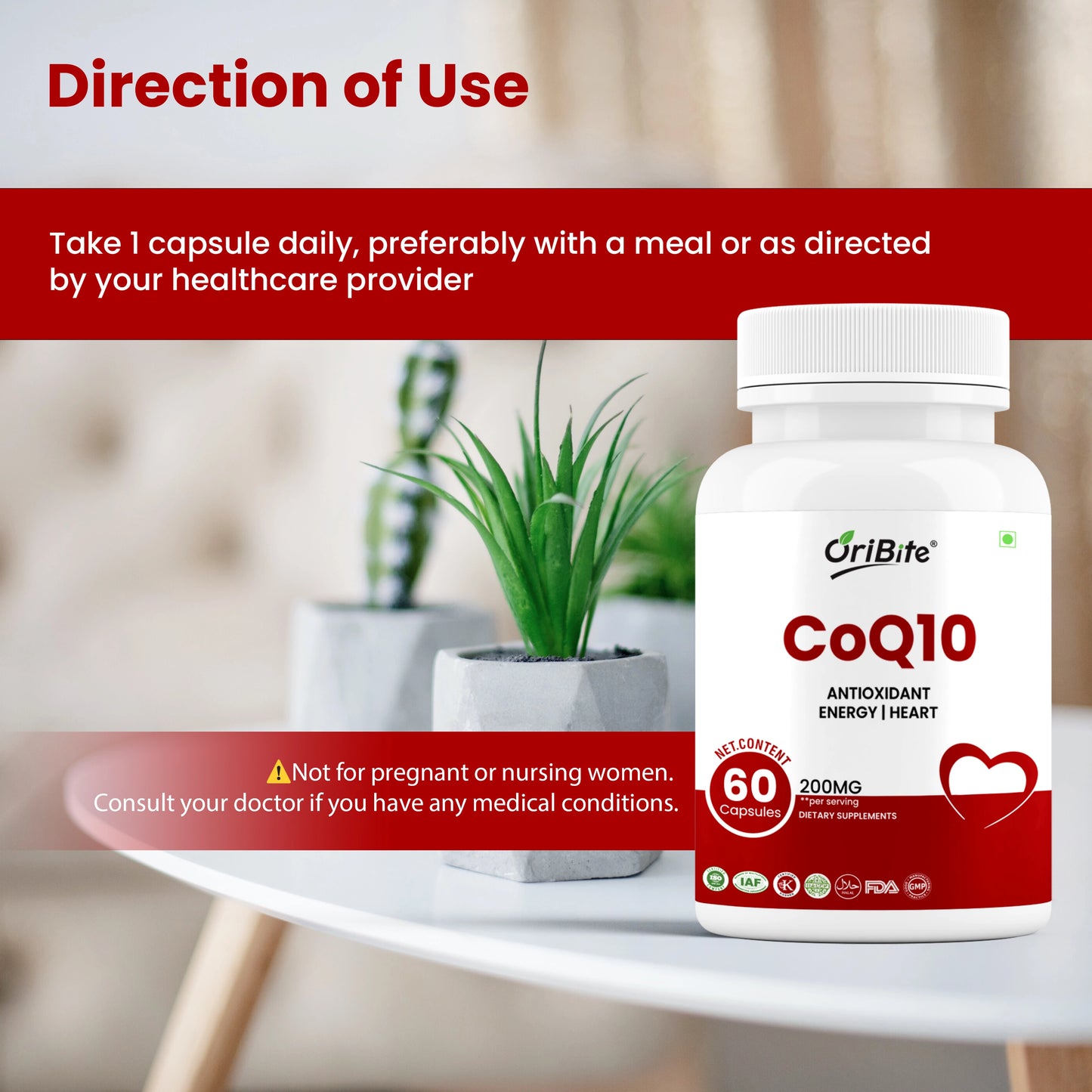 Oribite CoQ10 200mg, 60 Veggie Capsules | High Absorption Coenzyme Q10 Supplement | Antioxidant for Heart, Energy & Healthy Aging | Ubiquinone Dietary Supplement