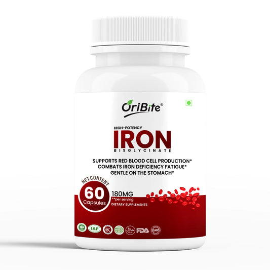 Oribite Iron Bisglycinate 180mg – High Potency Iron Supplement for Red Blood Cell Production, Iron Deficiency & Energy Support – Gentle on Stomach, Non-GMO, Gluten Free, 60 Veg Capsules