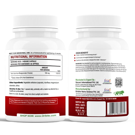 Oribite Iron Bisglycinate 180mg – High Potency Iron Supplement for Red Blood Cell Production, Iron Deficiency & Energy Support – Gentle on Stomach, Non-GMO, Gluten Free, 60 Veg Capsules