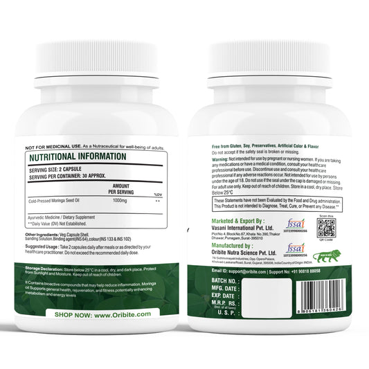 Oribite Moringa Seed Oil 1000mg – 60 Capsules | Cold-Pressed & Pure Superfood Supplement | Supports Skin, Hair, Digestion, Energy & Immunity | Rich in Vitamins & Antioxidants | Non-GMO, Gluten Free