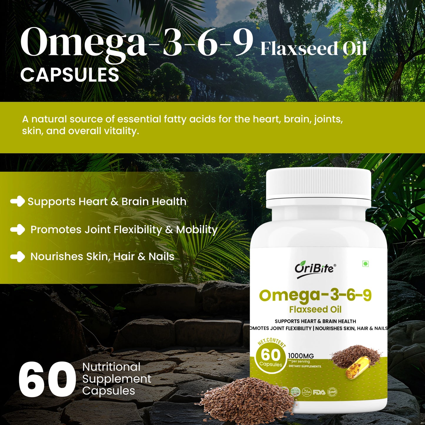 Oribite Omega 3-6-9 Flaxseed Oil 1000mg – Triple Omega Fatty Acids Supplement for Heart, Brain, Joint, Skin & Hair Health – 60 Capsules