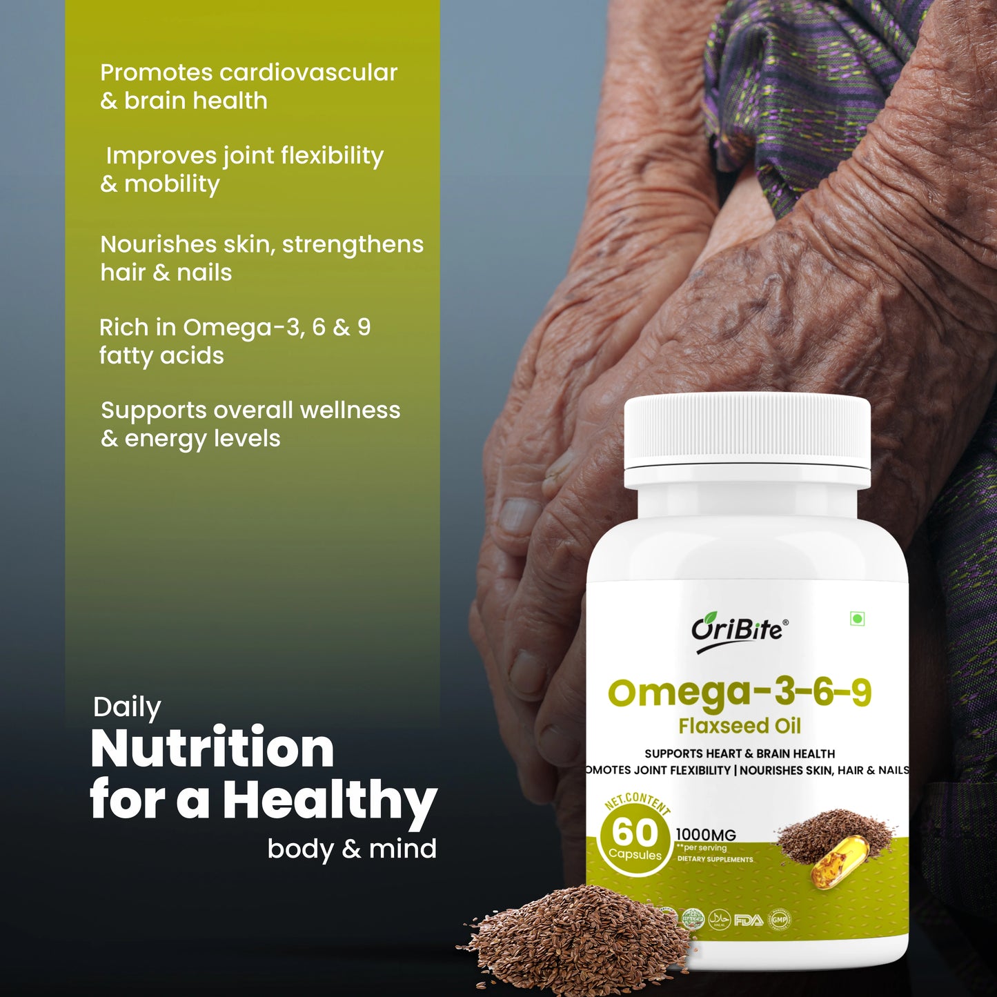Oribite Omega 3-6-9 Flaxseed Oil 1000mg – Triple Omega Fatty Acids Supplement for Heart, Brain, Joint, Skin & Hair Health – 60 Capsules