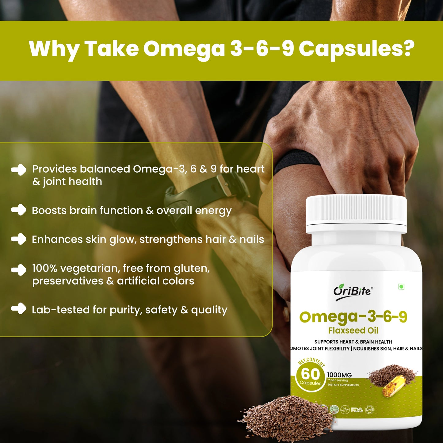 Oribite Omega 3-6-9 Flaxseed Oil 1000mg – Triple Omega Fatty Acids Supplement for Heart, Brain, Joint, Skin & Hair Health – 60 Capsules