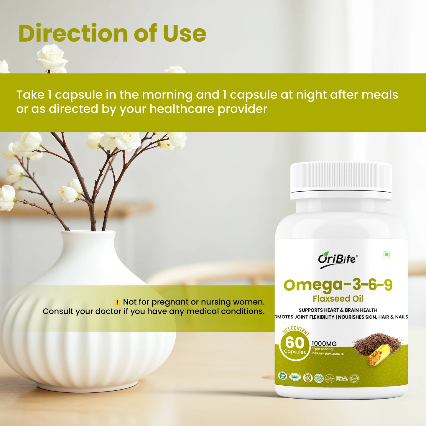 Oribite Omega 3-6-9 Flaxseed Oil 1000mg – Triple Omega Fatty Acids Supplement for Heart, Brain, Joint, Skin & Hair Health – 60 Capsules