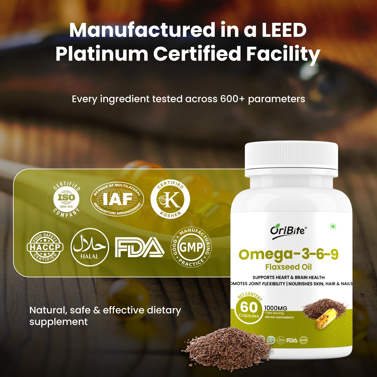 Oribite Omega 3-6-9 Flaxseed Oil 1000mg – Triple Omega Fatty Acids Supplement for Heart, Brain, Joint, Skin & Hair Health – 60 Capsules