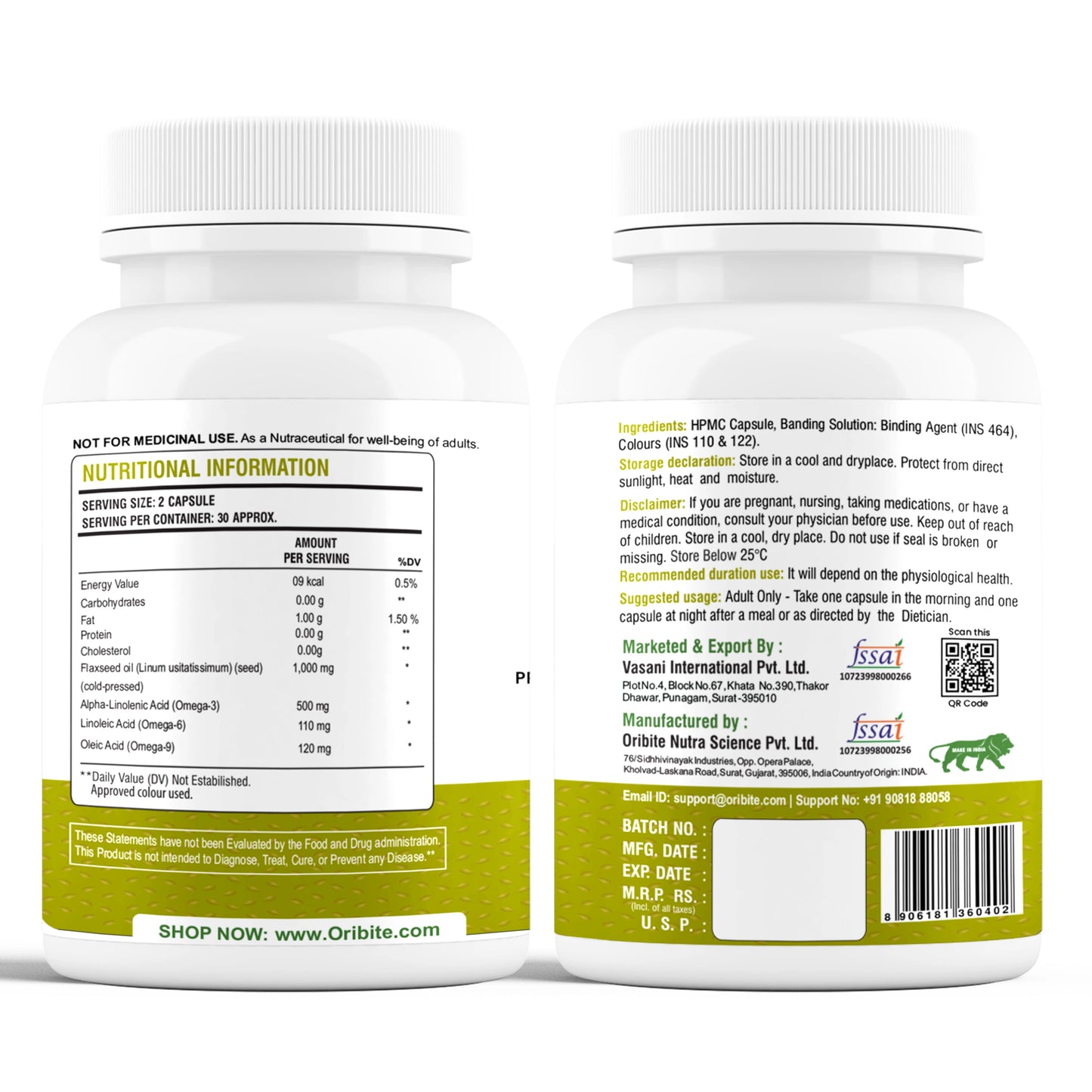 Oribite Omega 3-6-9 Flaxseed Oil 1000mg – Triple Omega Fatty Acids Supplement for Heart, Brain, Joint, Skin & Hair Health – 60 Capsules