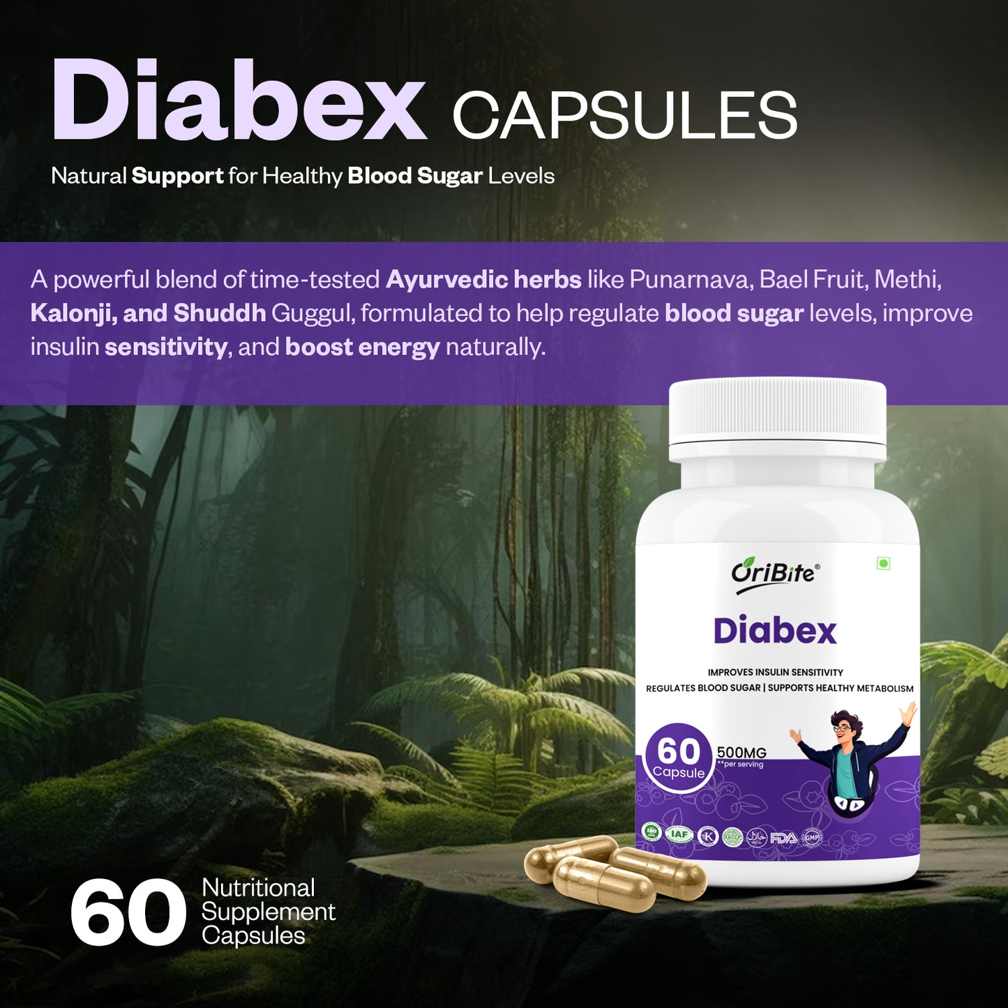 Oribite Diabex Capsule | Natural Support for Diabetes | Immunity and Energy Balance | 60 Capsule