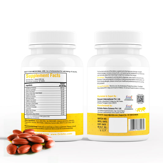 Oribite Fat Burner Tablets | Suppresses Appetite Target Body Fat & Increase Metabolic Rate | 60 Tablets