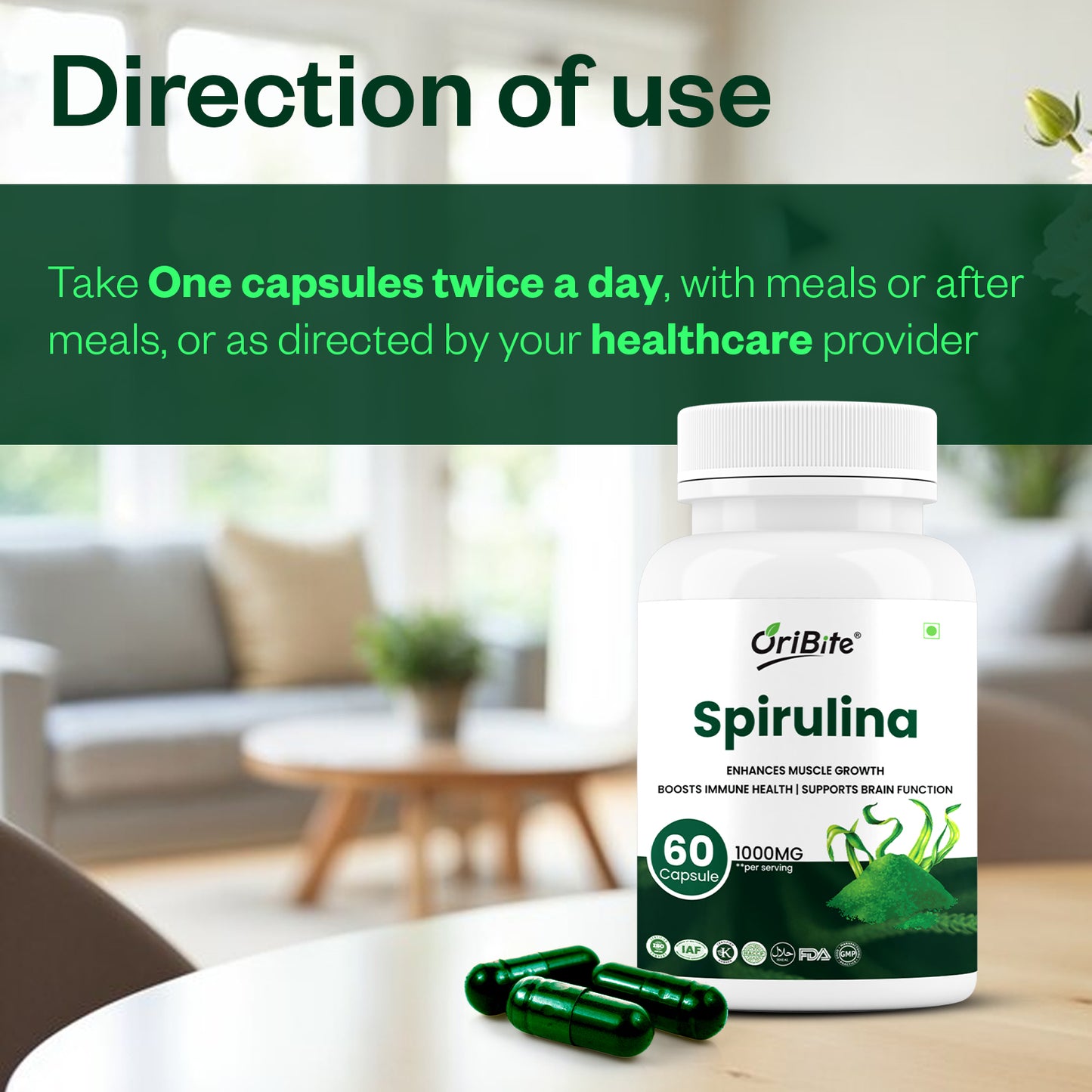 Oribite Spirulina Capsule | Enhances Muscle Growth Support Brain Function | Boosts Immune Health | 60 Capsule