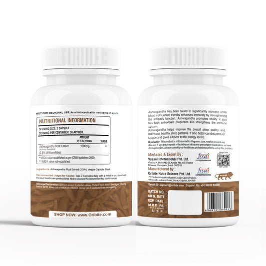 Oribite Ashwagandha Capsule | Helps in Stress Relief Cognition Immunity Boost & Sleep Management | 60 Tablets