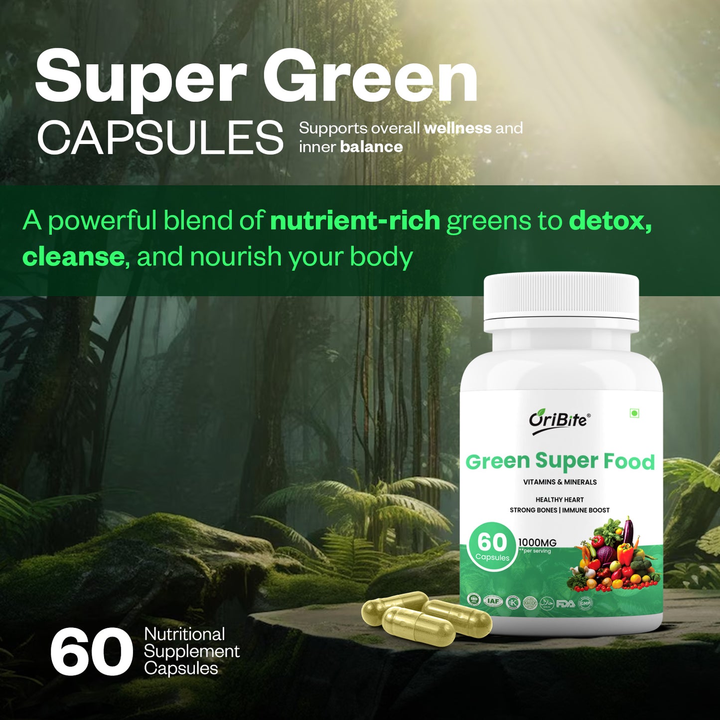 Oribite Green Super Food Capsule | Healthy Heart Strong Bones Immune Boost | 60 Capsule