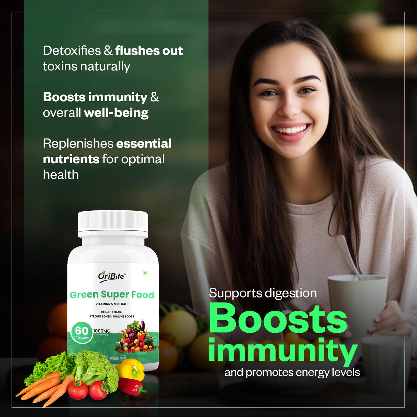 Oribite Green Super Food Capsule | Healthy Heart Strong Bones Immune Boost | 60 Capsule
