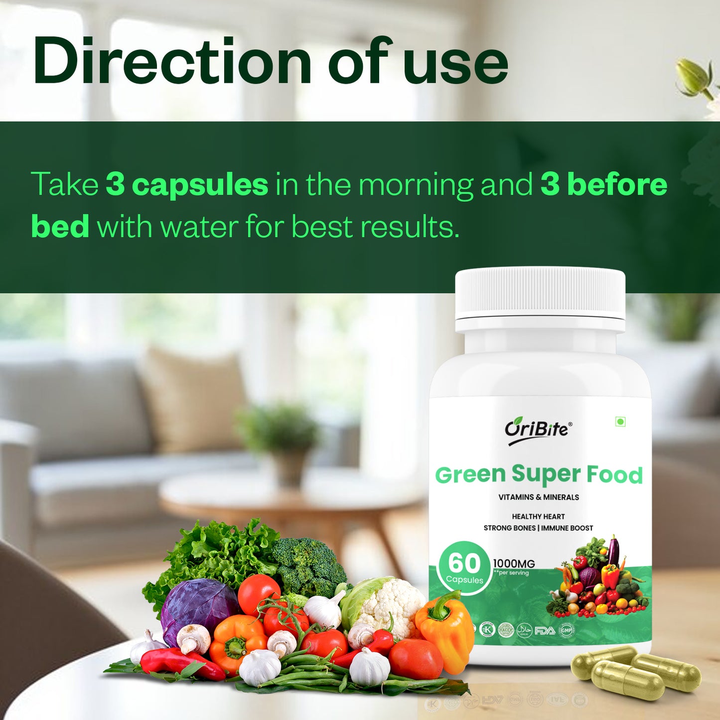 Oribite Green Super Food Capsule | Healthy Heart Strong Bones Immune Boost | 60 Capsule