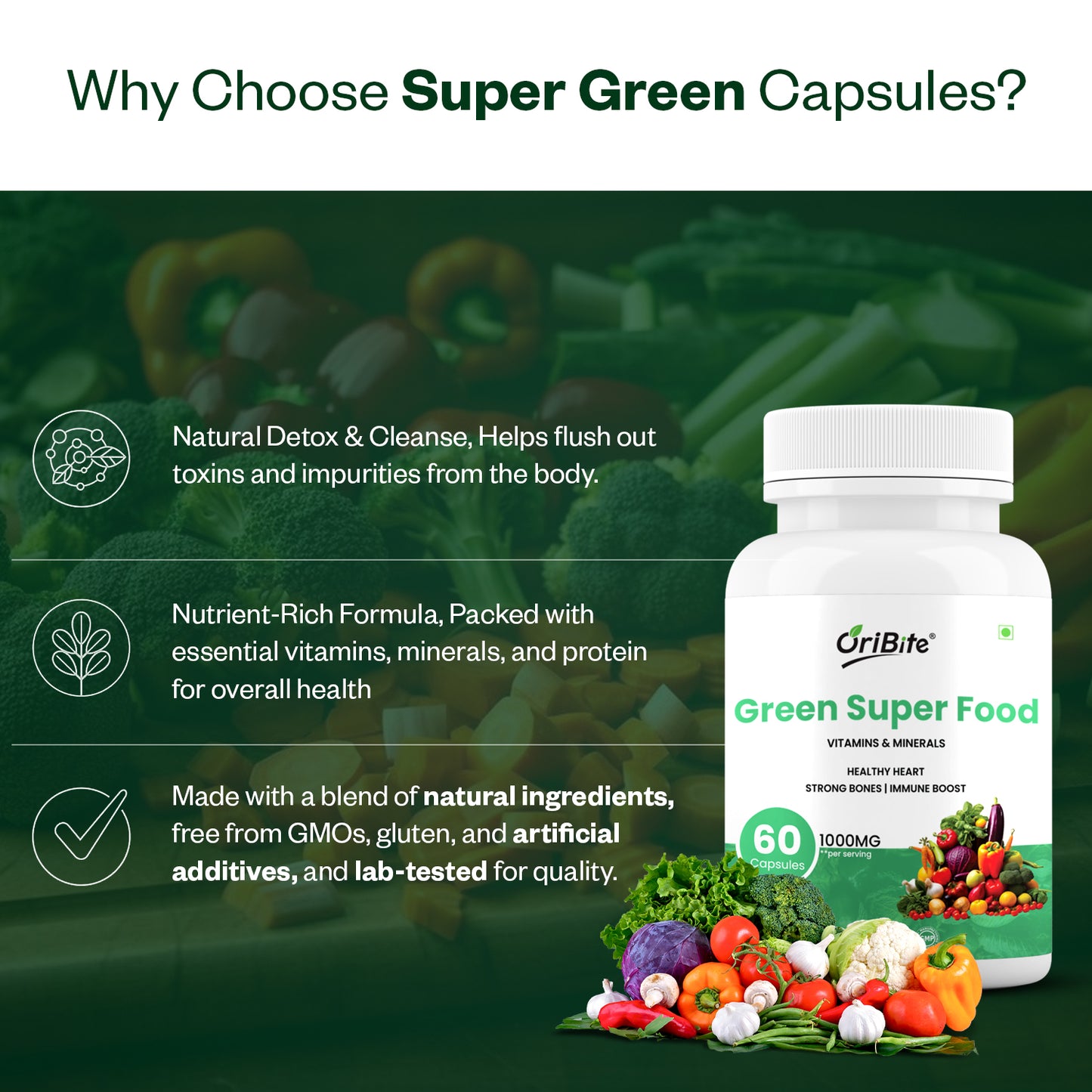 Oribite Green Super Food Capsule | Healthy Heart Strong Bones Immune Boost | 60 Capsule