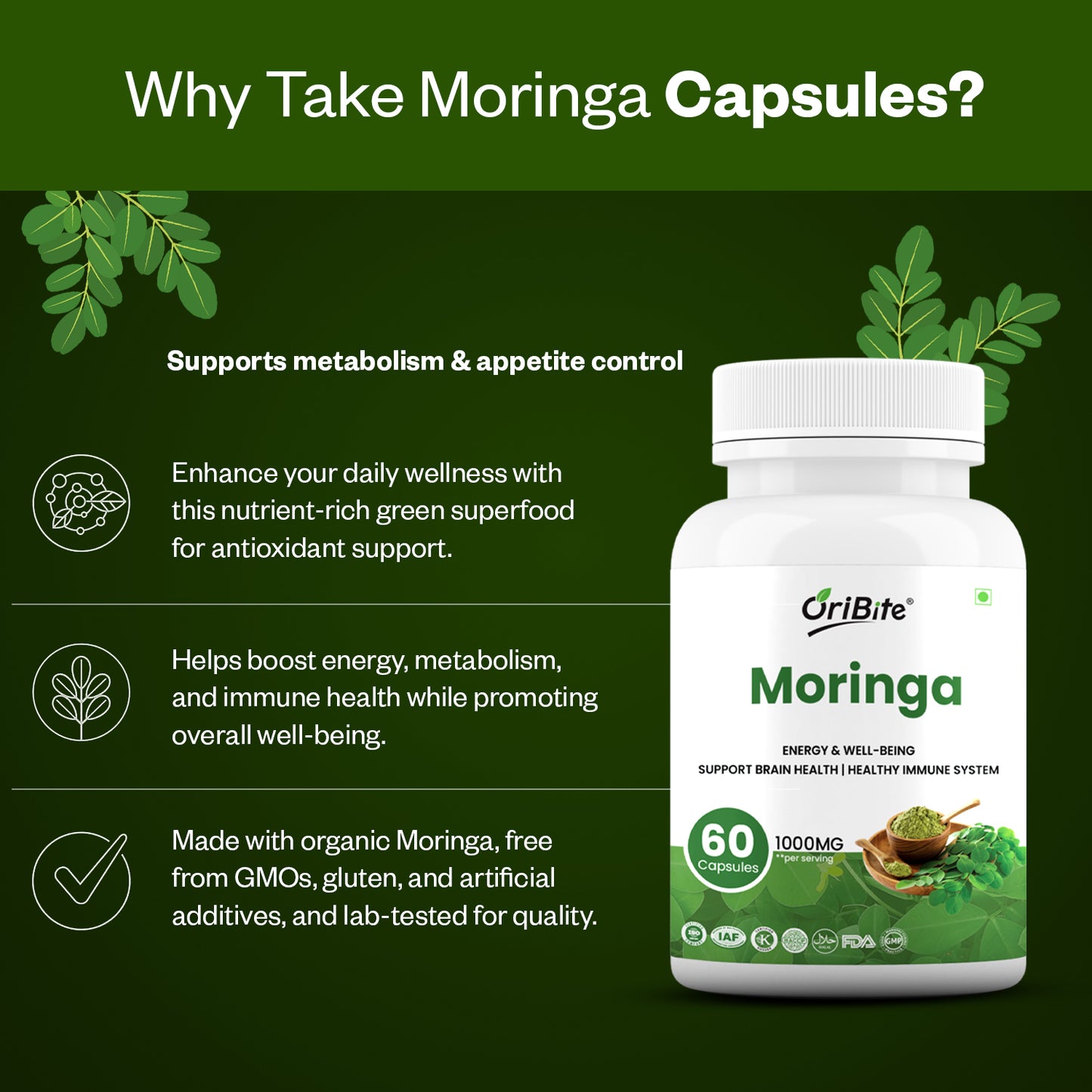 Oribite Moringa Capsule | Helps in Energy Well-Being Support Brain Health Healthy Immune System | 60 Capsule