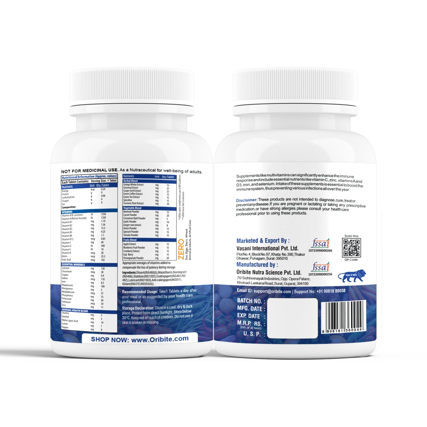 Oribite Multi-Vitamin Tablets | Men & Women With 14 Vitamins & 12 Minerals | 60 Tablets