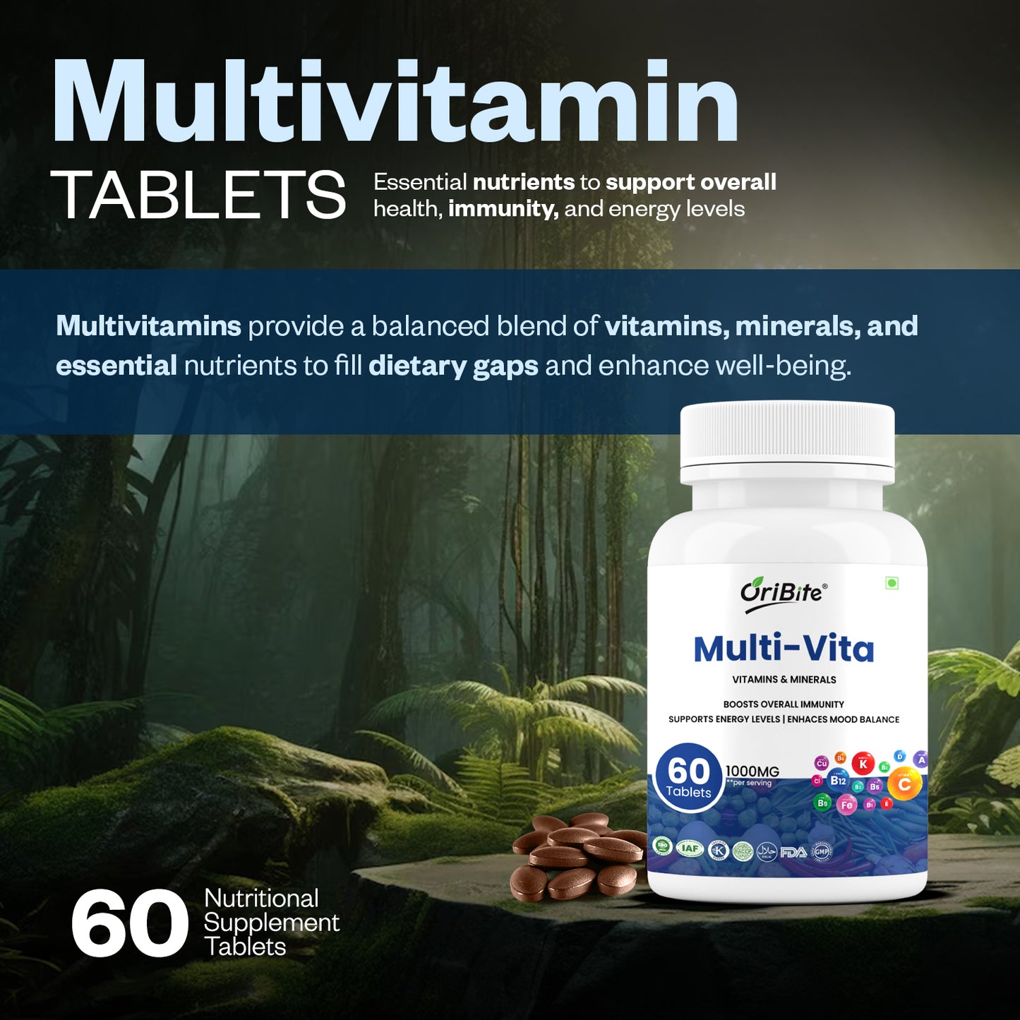 Oribite Multi-Vitamin Tablets | Men & Women With 14 Vitamins & 12 Minerals | 60 Tablets