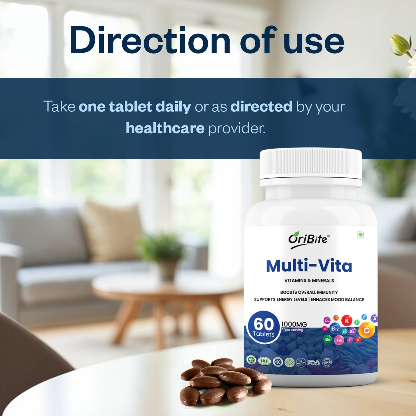 Oribite Multi-Vitamin Tablets | Men & Women With 14 Vitamins & 12 Minerals | 60 Tablets