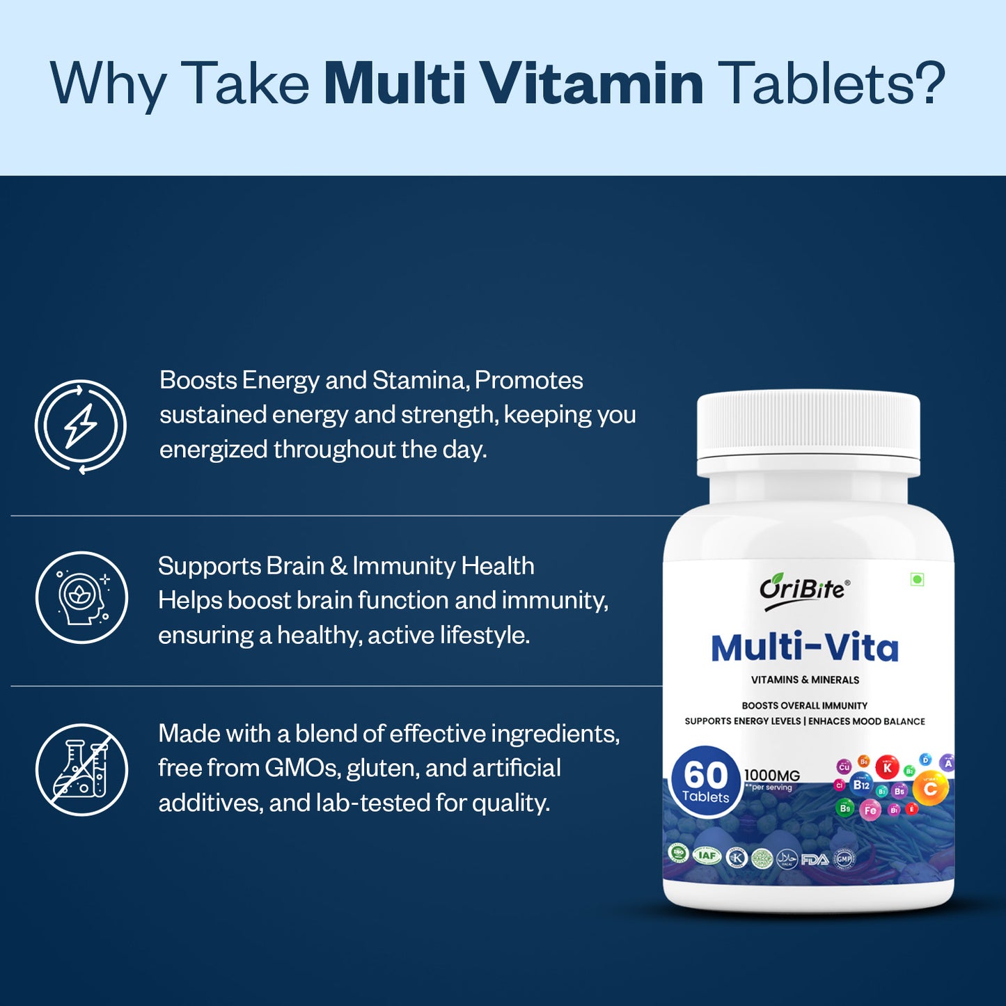 Oribite Multi-Vitamin Tablets | Men & Women With 14 Vitamins & 12 Minerals | 60 Tablets