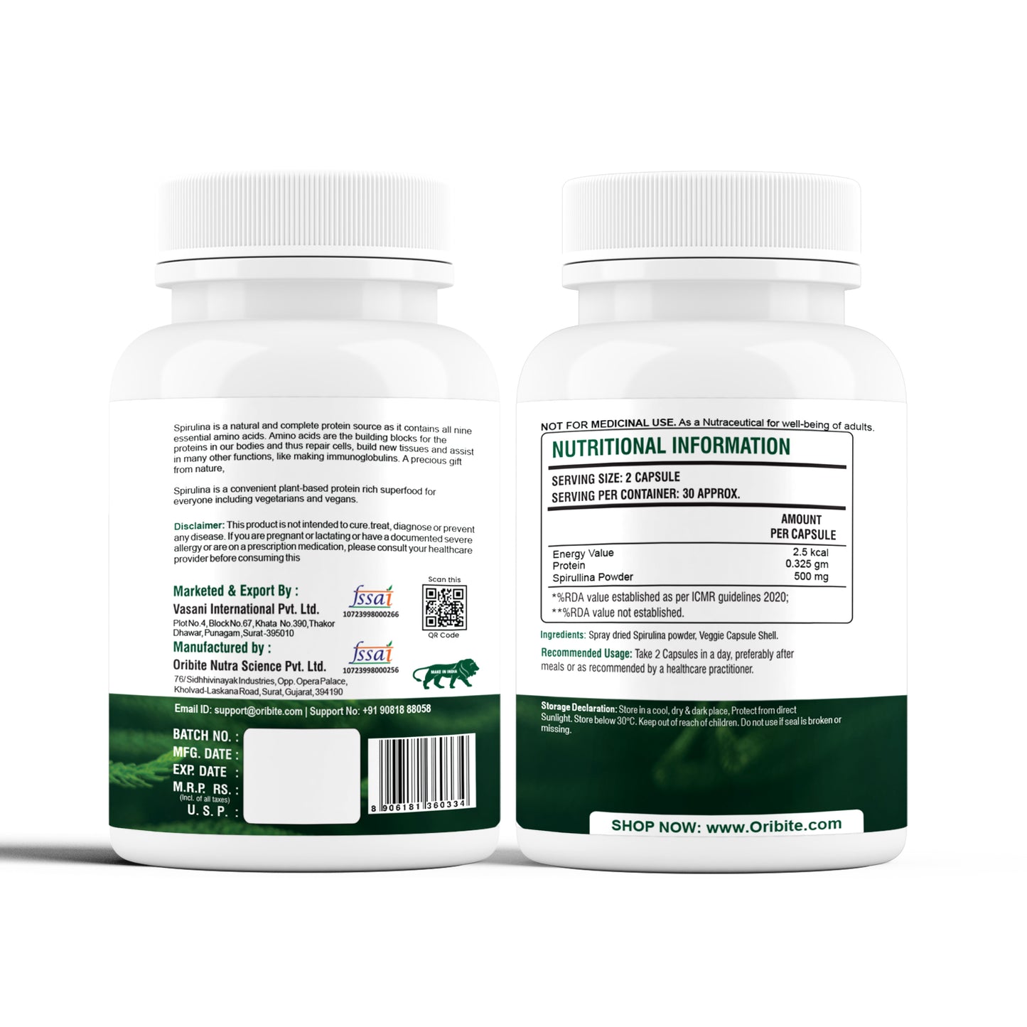 Oribite Spirulina Capsule | Enhances Muscle Growth Support Brain Function | Boosts Immune Health | 60 Capsule