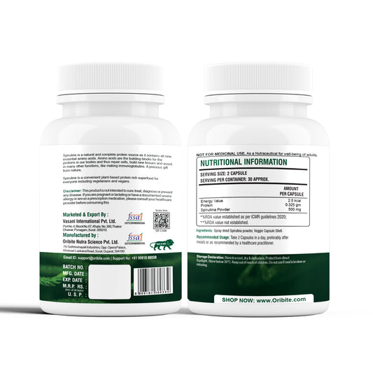 Oribite Spirulina Capsule | Enhances Muscle Growth Support Brain Function | Boosts Immune Health | 60 Capsule