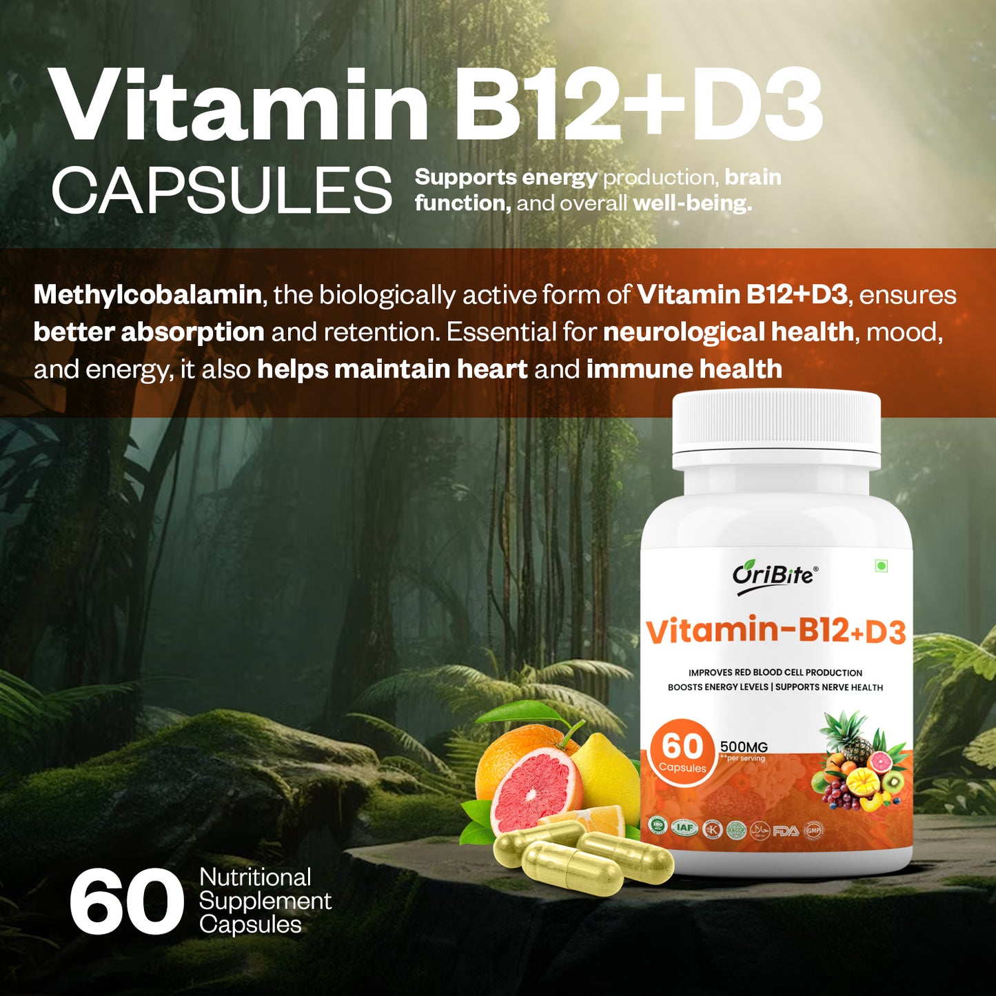 Oribite Vitamin B12 + D3 Capsule | Improves Red Blood Cell | Boosts Energy Levels | 60 Capsule