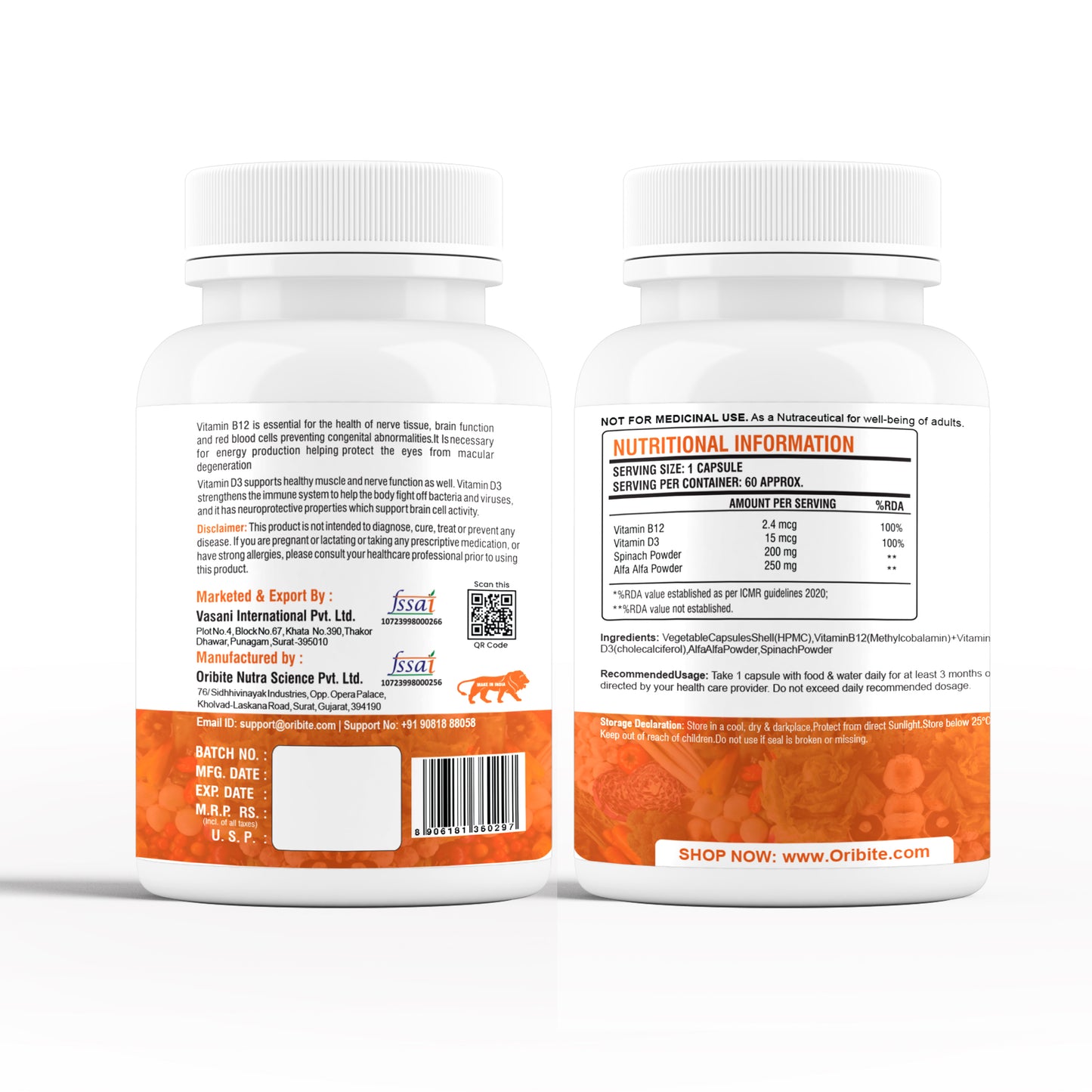 Oribite Vitamin B12 + D3 Capsule | Improves Red Blood Cell | Boosts Energy Levels | 60 Capsule