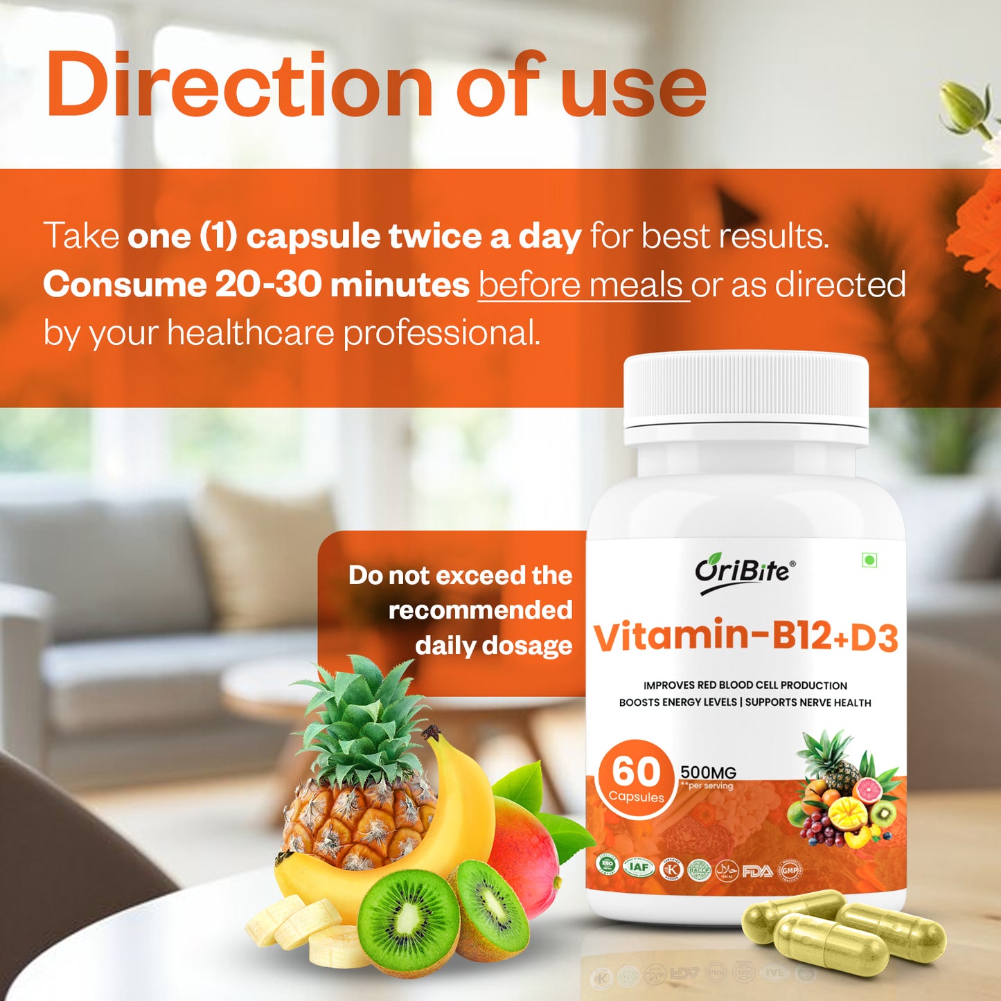 Oribite Vitamin B12 + D3 Capsule | Improves Red Blood Cell | Boosts Energy Levels | 60 Capsule