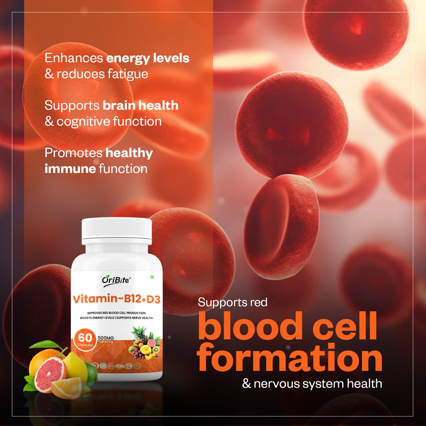 Oribite Vitamin B12 + D3 Capsule | Improves Red Blood Cell | Boosts Energy Levels | 60 Capsule