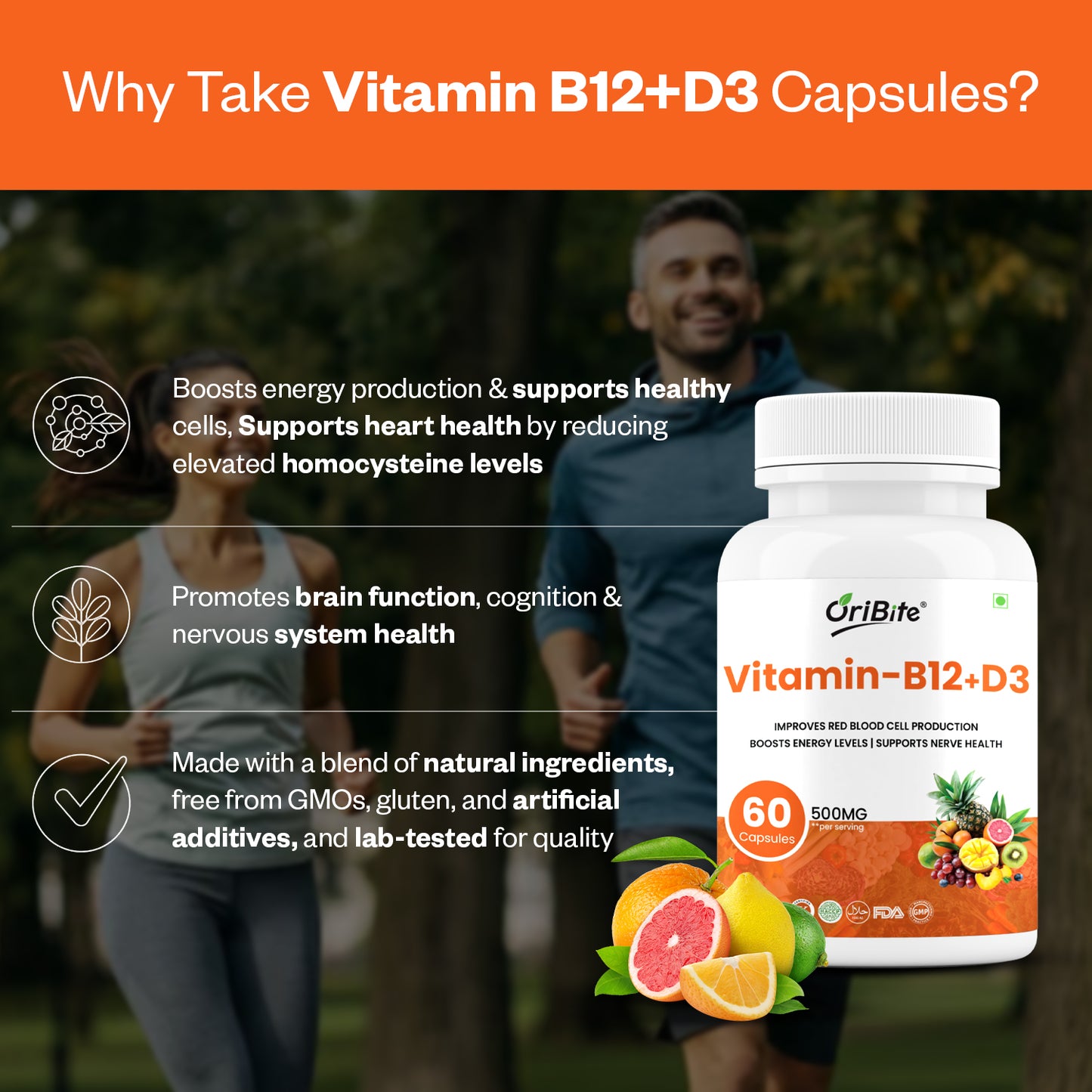 Oribite Vitamin B12 + D3 Capsule | Improves Red Blood Cell | Boosts Energy Levels | 60 Capsule
