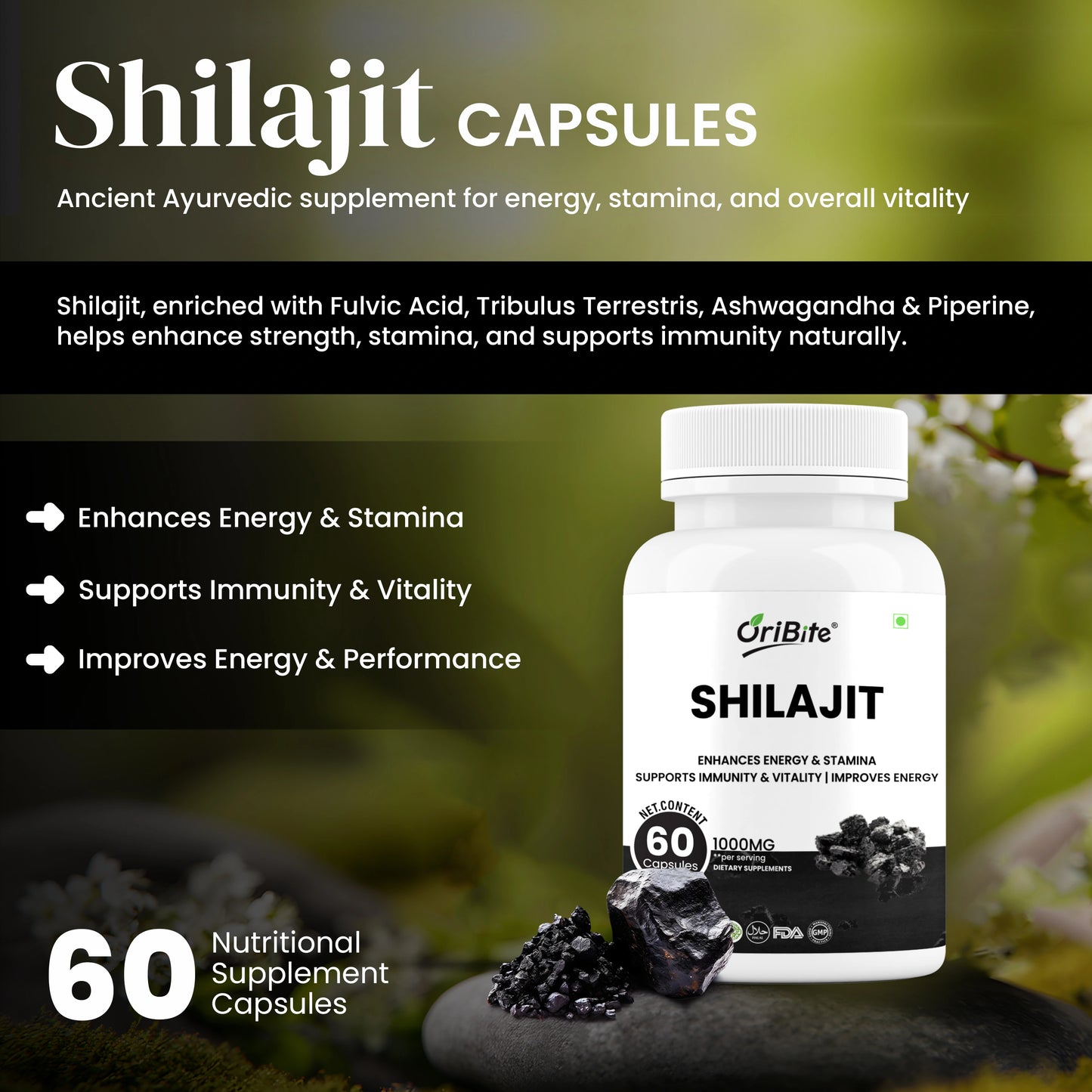 Shilajit Capsules for Men & Women (1000mg Per Serving, 60 Count) With Ashwagandha, Tribulus & Piperine | Energy, Stamina, Immunity & Vitality Support | Natural Dietary Supplement, Vegan Friendly