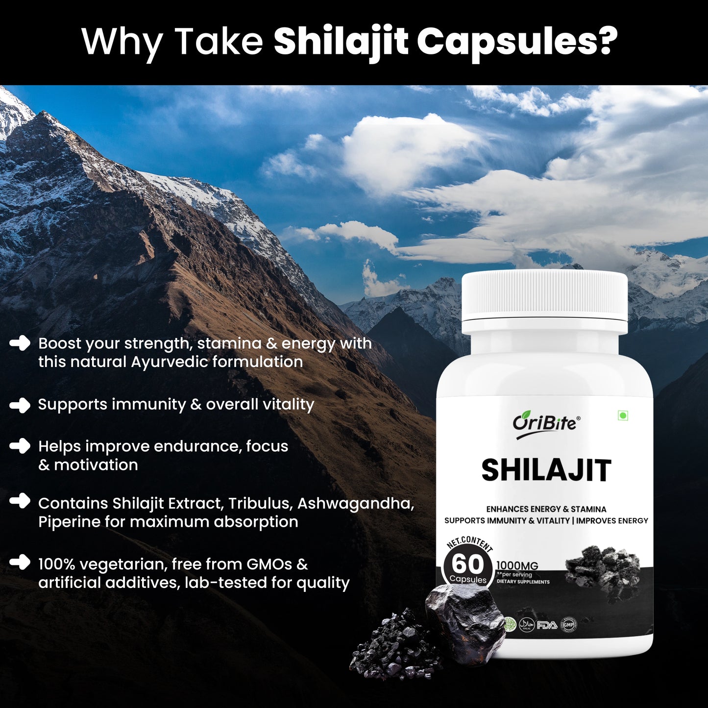 Shilajit Capsules for Men & Women (1000mg Per Serving, 60 Count) With Ashwagandha, Tribulus & Piperine | Energy, Stamina, Immunity & Vitality Support | Natural Dietary Supplement, Vegan Friendly