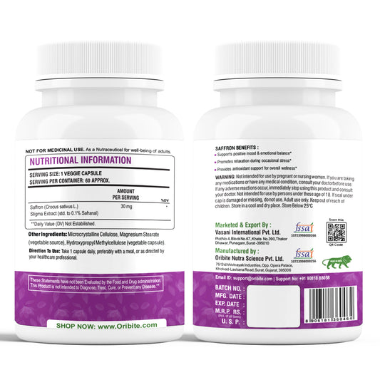 Oribite Saffron Supplement 30mg – 100% Pure Saffron Extract Capsules for Mood, Energy, Focus & Eye Health – Antioxidant Support – Vegan, Non-GMO, Gluten-Free – 60 Capsules