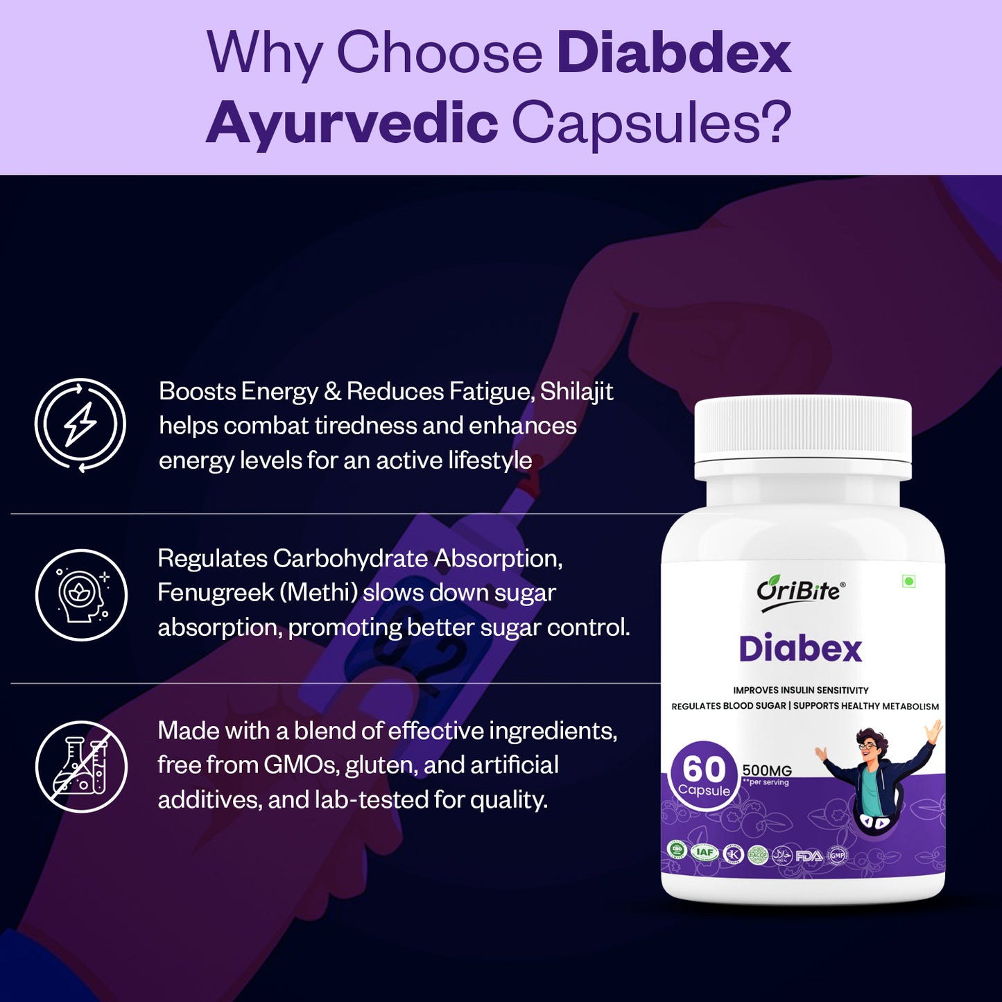Oribite Diabex Capsule | Natural Support for Diabetes | Immunity and Energy Balance | 60 Capsule