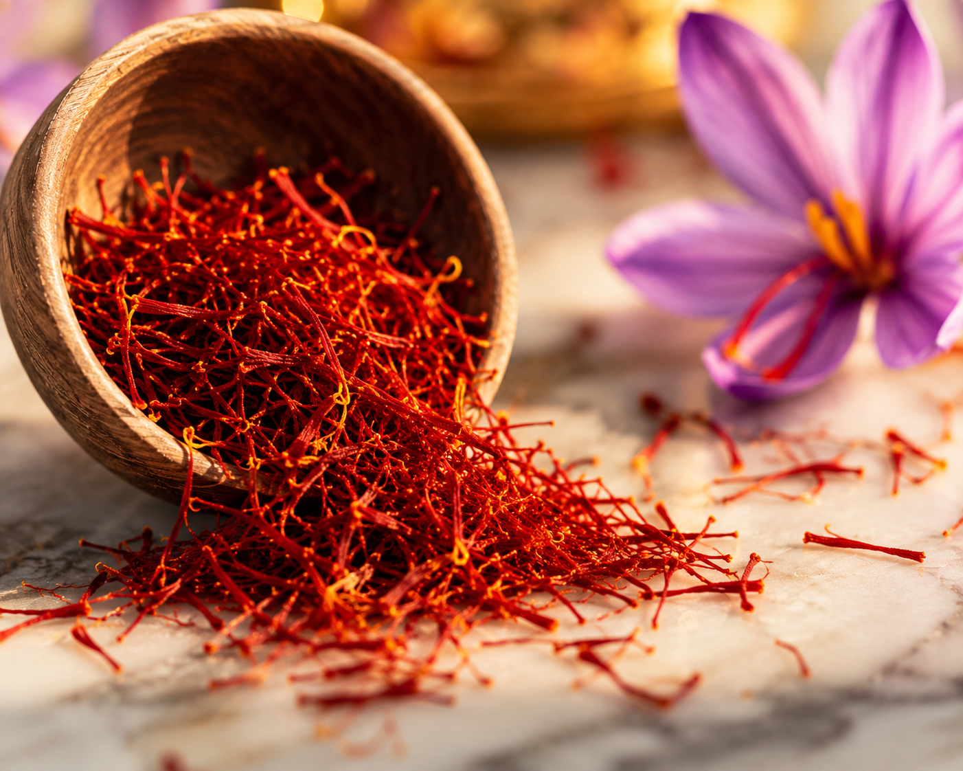 Close-up of vibrant red saffron threads spilling out of a small wooden bowl, next to a fresh purple Crocus sativus flower on a light marble surface.