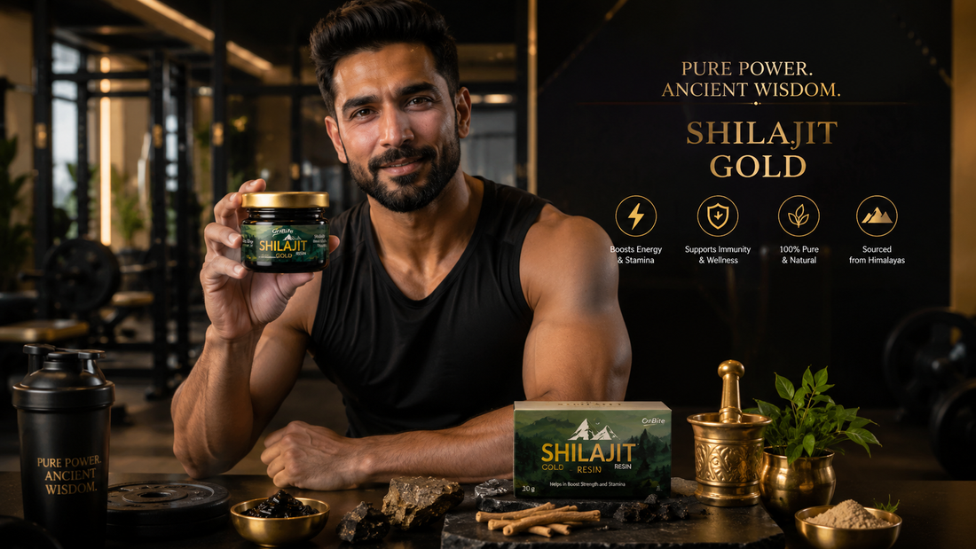 "A muscular man in a gym setting holding a jar of Oribite Shilajit Gold, next to product text that reads 'Pure Power, Ancient Wisdom: Shilajit Gold'."