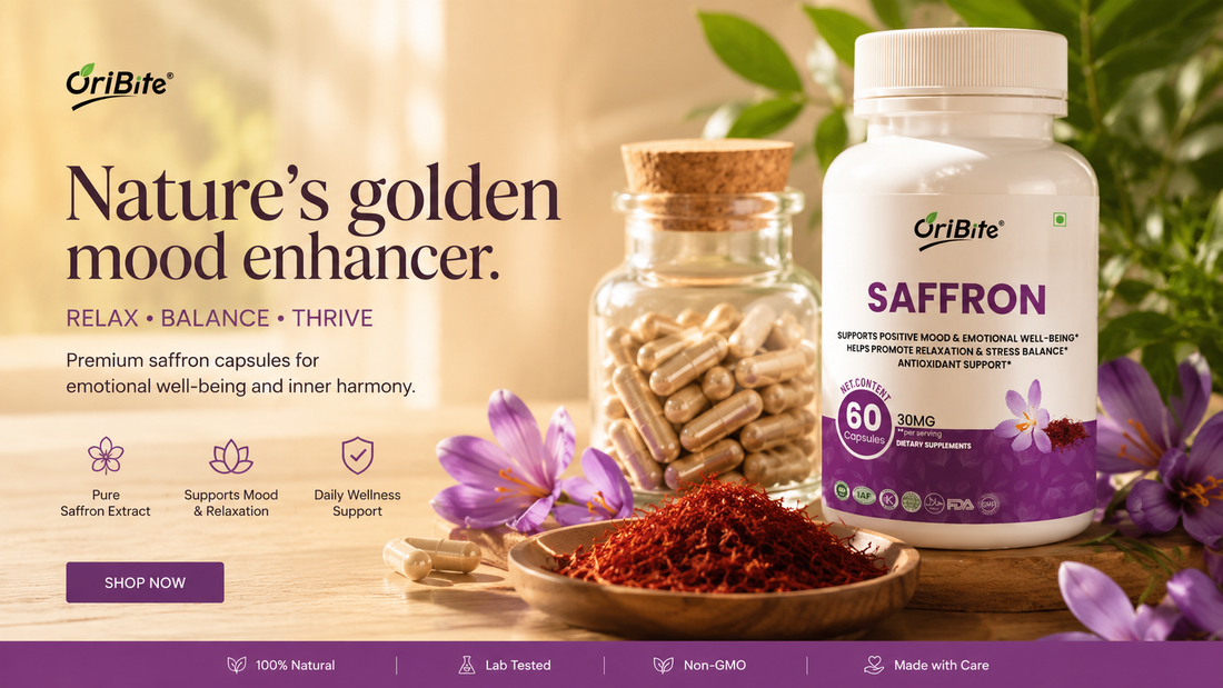 "Oribite Saffron Capsules bottle displayed next to vibrant purple saffron crocus flowers and delicate red saffron strands on a clean, light surface."